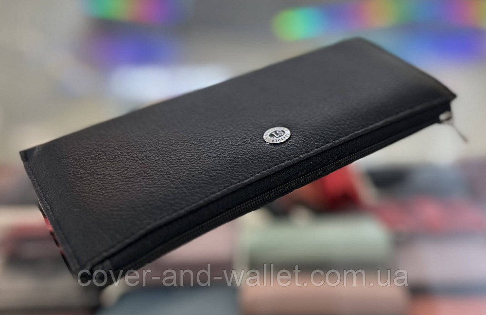 Тонкий шкіряний гаманець купюрнтик чорного кольору на блискавці ST Leather 025 Київ - фото 2