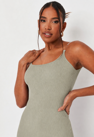 Платье женское трикотажное мини в рубчик на прозрачных бретелях Missguided оливковое Sage размер 46 Киев