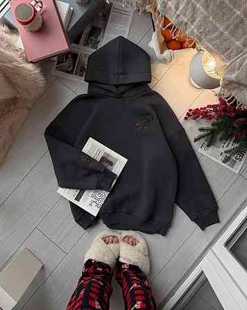 Женская стильная теплая худи с вышивкой турецкая трехнить на флисе пенье Графит Одесса