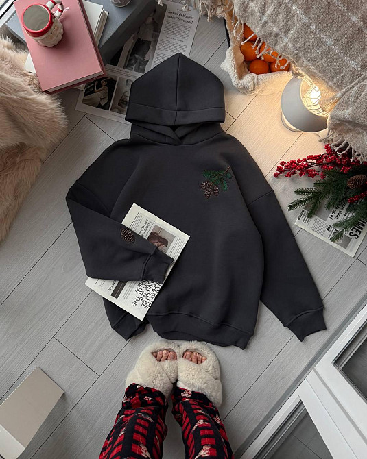 Женская стильная теплая худи с вышивкой турецкая трехнить на флисе пенье Графит Одесса - изображение 5