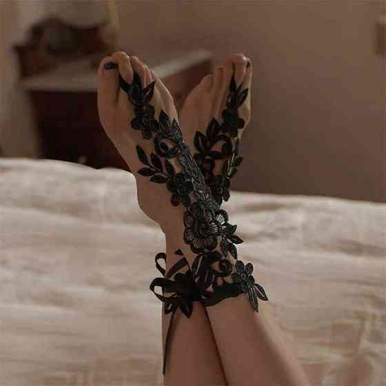 Кружевные цветочные гольфы с завязками XS/S/М/L (1,2,3,4) Черный – Эротическое бельё Винница