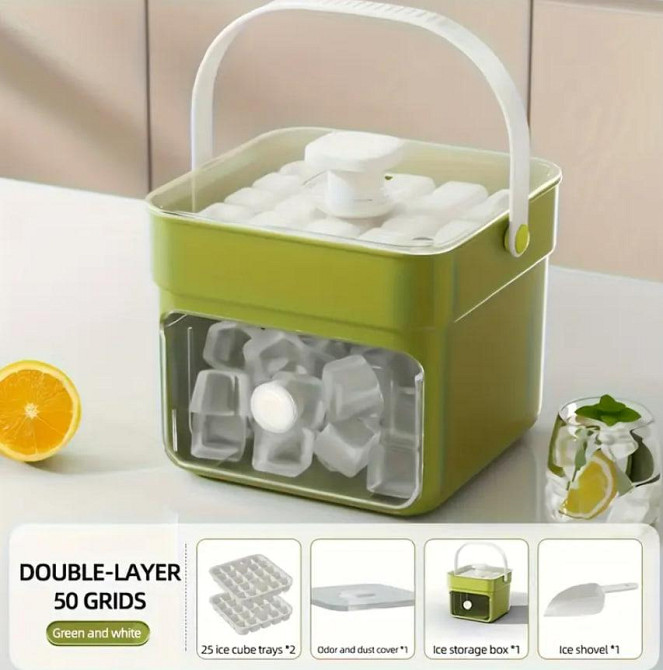 Форма для льда с крышкой и лопаткой 50 кубиков, ледогенератор, контейнер для хранения, двухъярусная  Киев - изображение 1