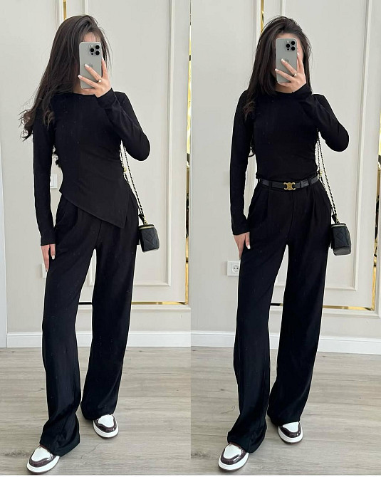 Женский базовый прогулочный костюм двойка: лонгслив и штаны вискоза Черный, 42/44 Одесса - изображение 1