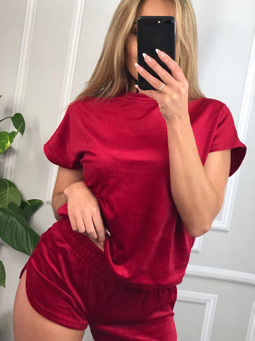 Пижама-комплект (футболка+шорти+штаны) из плюшевого велюра вишневый M Харьков - изображение 7