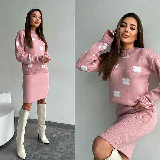 Жіночий базовий в'язаний костюм-двійка машина в'язка пудра Одеса