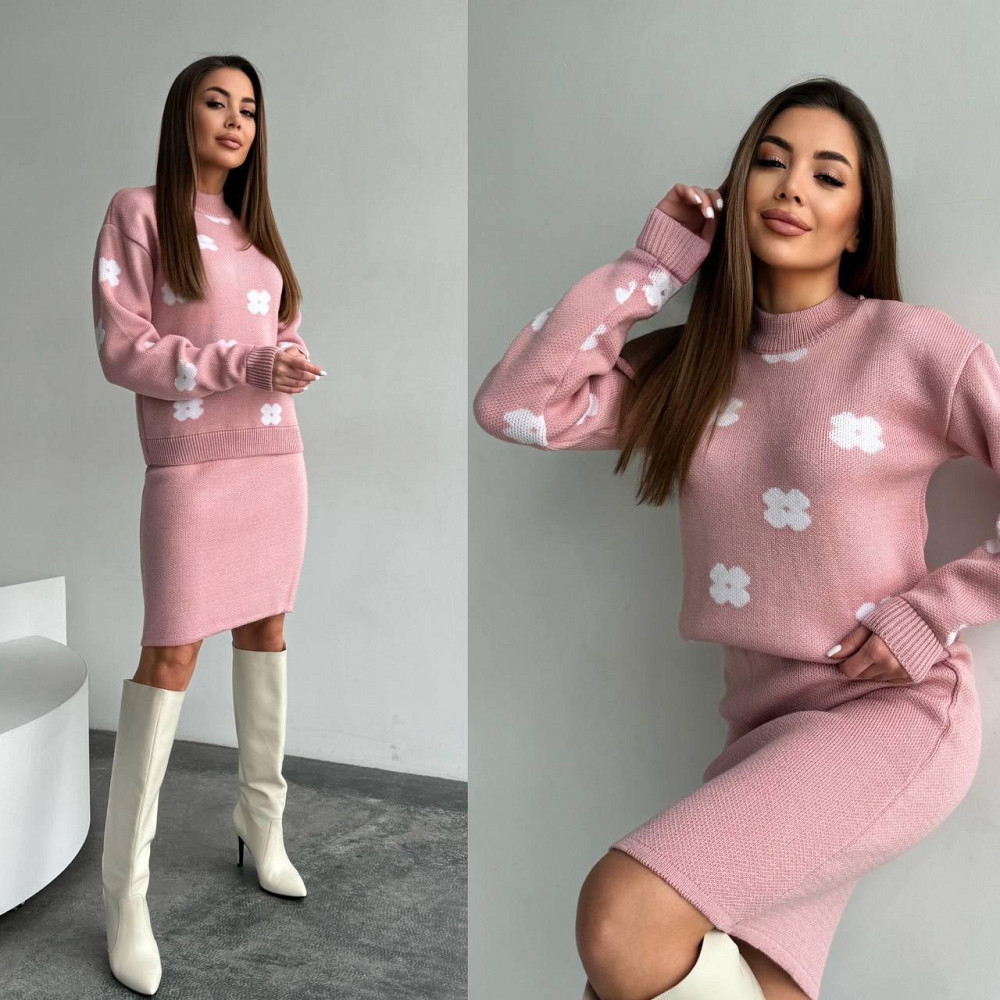 Жіночий базовий в'язаний костюм-двійка машина в'язка пудра Одеса - фото 1