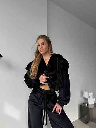 Женский нежный костюм двойка: кофта и штаны из велюра Черный, 46/48 Одесса