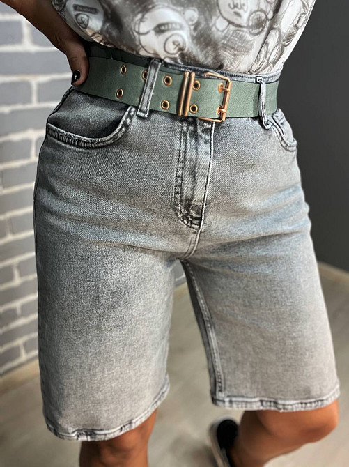 Шорти жіночі джинсові SESSANTA 16756 Mом бермуди зелений ремінь стрейчеві сірі, сірий, 30 Київ - фото 1