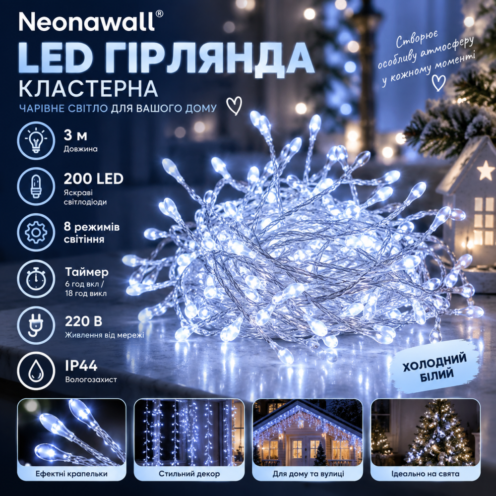 Кластерная LED-гирлянда Neonawall 3 м 200 LED, холодный белый, 8 режимов, таймер, IP44, 220 В  200 ярких огоньков для атмосферного Киев - изображение 1