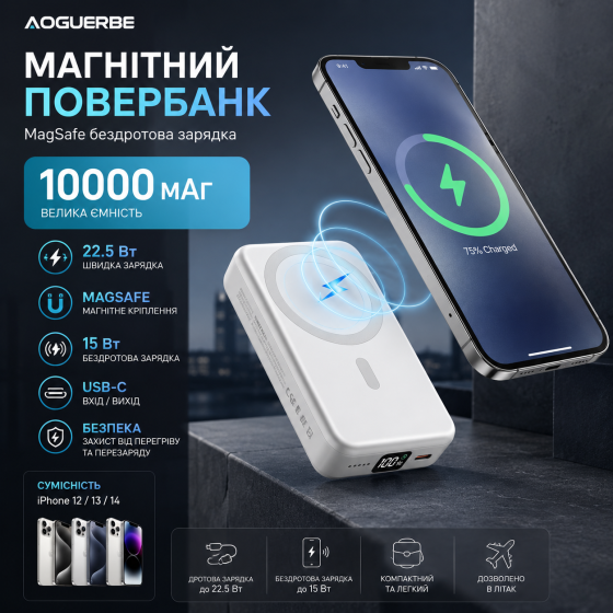 Повербанк AOGUERBE 10000 мАч MagSafe 22.5 Вт, беспроводная магнитная зарядка для iPhone 12/13/14 Киев