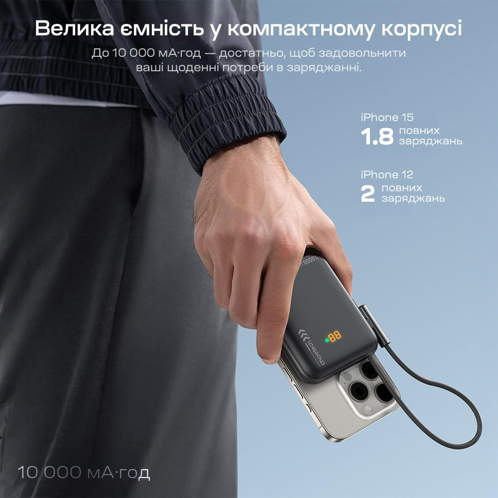 Повербанк 10000mAh Choetech B735 Black QC3.0 PD3.0 бездротова магнітна зарядка, вбудований кабель, підставка (43-00149) Київ - фото 10