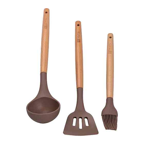 Набір посуду алюміній з товстим дном MGC з лопаткою, ополоником і пензликом кавовий HP-4-406CO Коломия