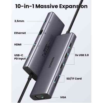 Концентратор Ugreen USB3.1 Type-C to HDMI/VGA/USB 3.0х3/RJ45/SD/TF/PD/35мм TRRS 100W 10-in-1 (15601) Винница