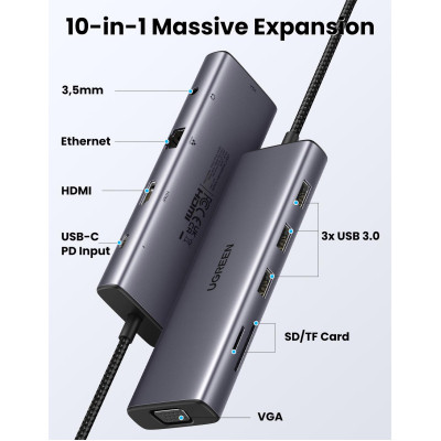 Концентратор Ugreen USB3.1 Type-C to HDMI/VGA/USB 3.0х3/RJ45/SD/TF/PD/35мм TRRS 100W 10-in-1 (15601) Вінниця - фото 5