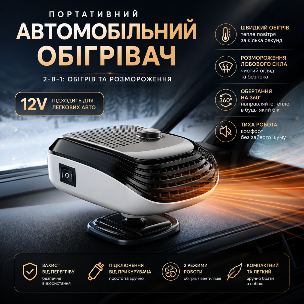 Портативний автомобільний обігрівач 12V 2-в-1, керамічна автогрілка та розморожувач лобового скла з обертанням на 360 градусів Київ - фото 1