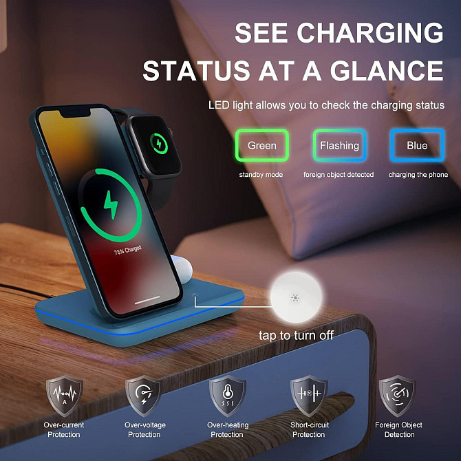 Беспроводная зарядная станция 3в1 Minthouz, 18W, для iPhone, Apple Watch, AirPods, QC3.0, Type-C, си Киев - изображение 6