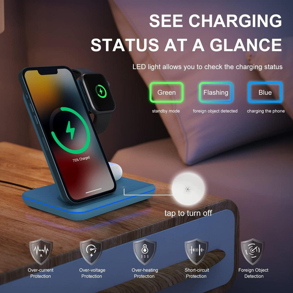 Бездротова зарядна станція 3в1 Minthouz, 18W, для iPhone, Apple Watch, AirPods, QC3.0, Type-C, синя Київ - фото 6