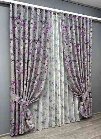 Комплект штор VR-Textil Лен Прованс 150х265 2шт и Тюль 600х265 1820ш-1367т Серый с фиолетовым и белым 71-108/5 Киев