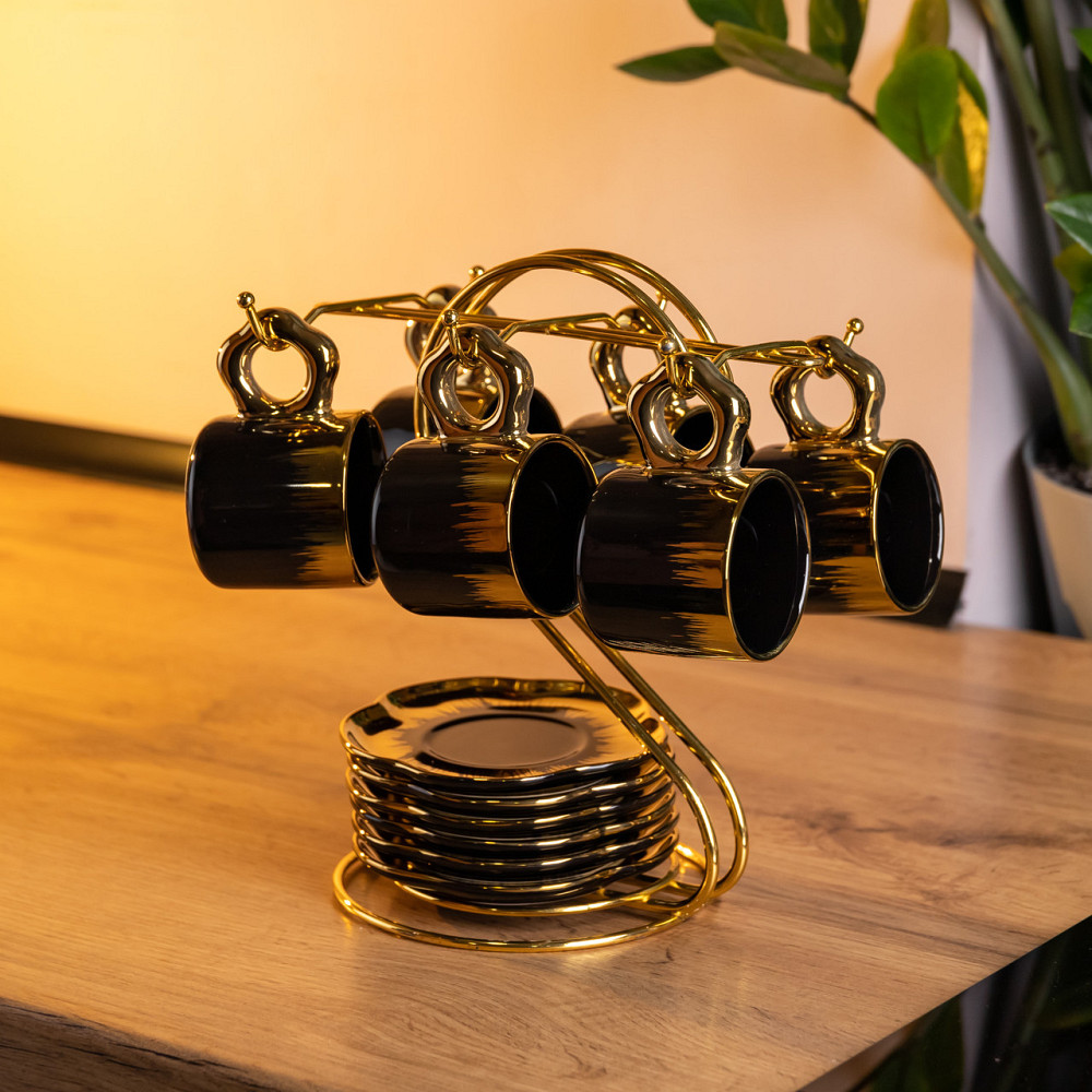 Набір чашок для кави на металевій підставці 6 (шт) по 100 (мл) Чорний з золотом FM-47 SBR Київ - фото 1