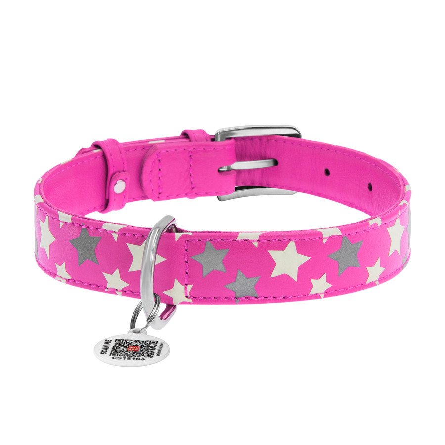 Нашийник для собак шкіряний WAUDOG Glamour з QR паспортом, візерунок "Зірочка", світлонакопичув Коломия - фото 2
