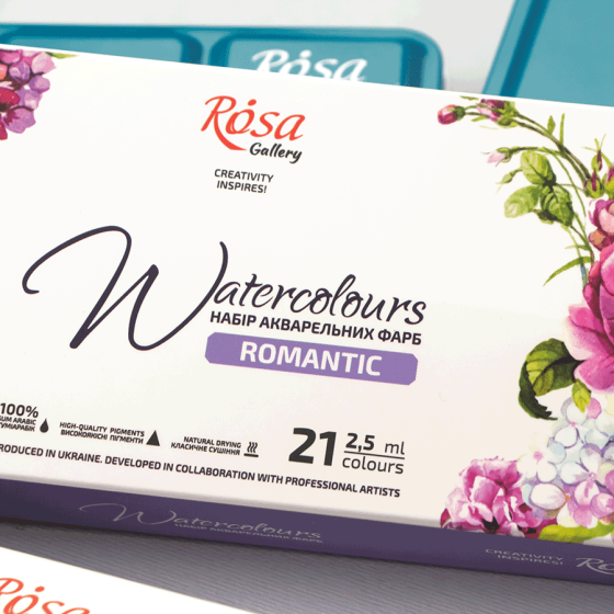 Набір акварельних фарб ROMANTIC металевий пенал Бірюза 21кол. х 2,5мл кювета ROSA Gallery Київ