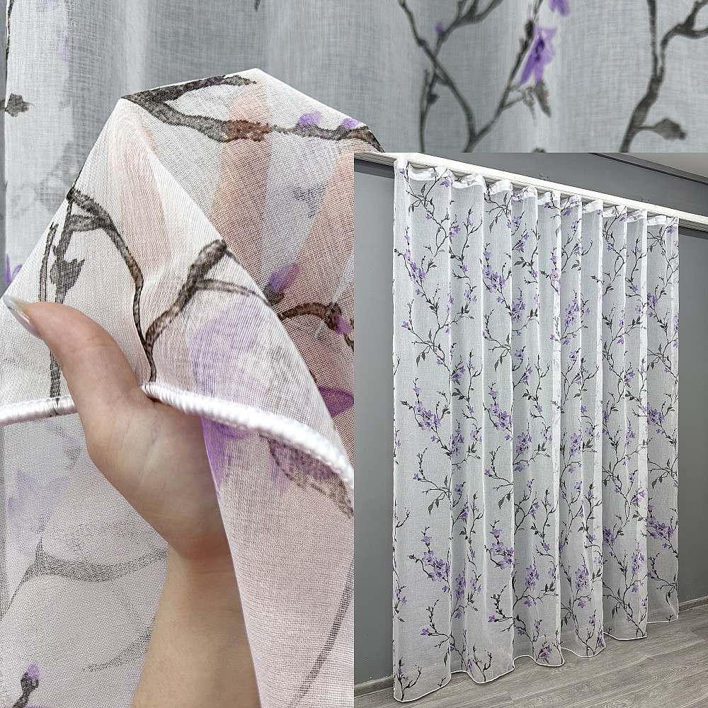 Тюль VR-Textil 1910т Flora Батист Білий з фіолетово-чорним принтом 300х270 см (40-244) Київ - фото 1