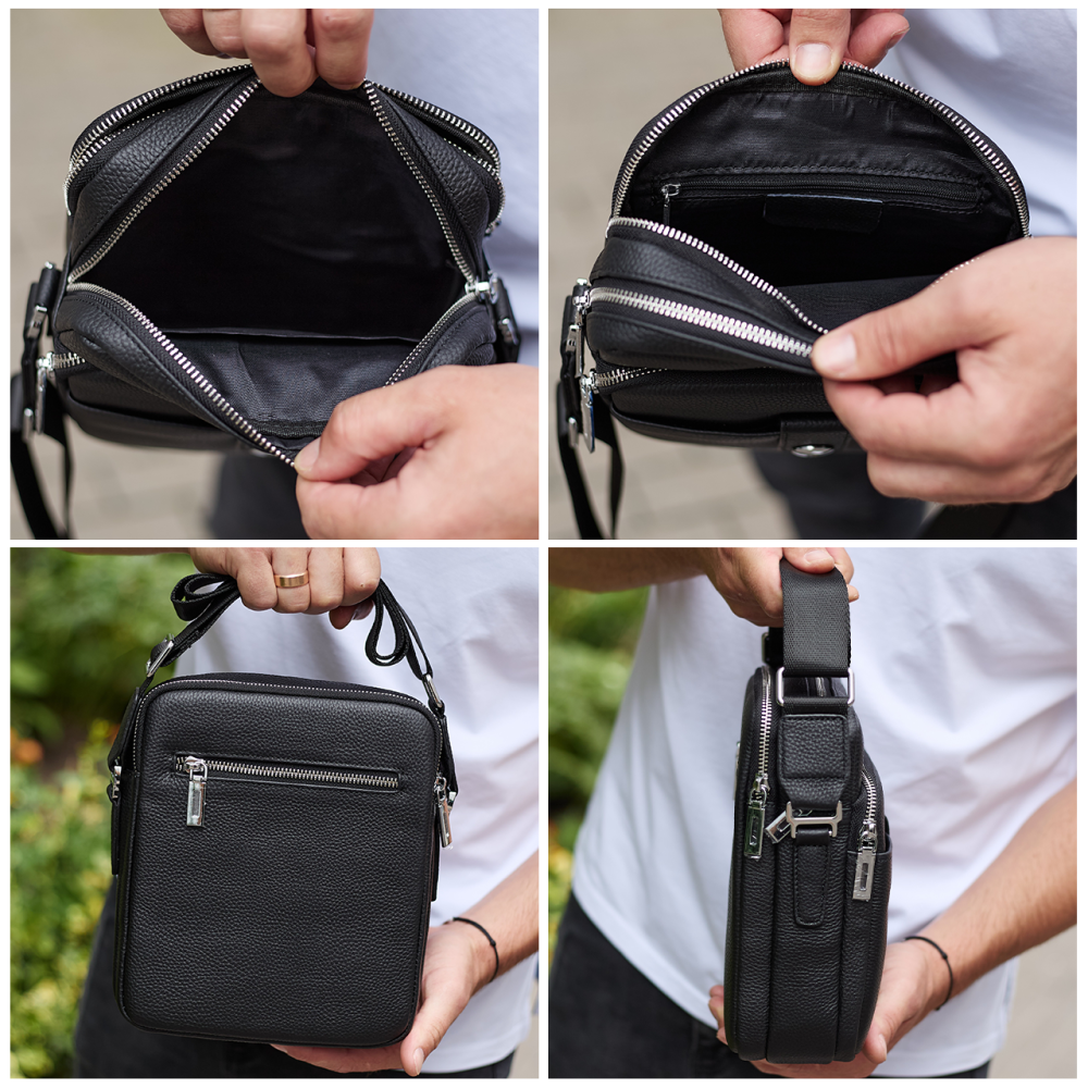 Чоловіча шкіряна сумка з регульованою ручкою, чорна Київ - фото 9