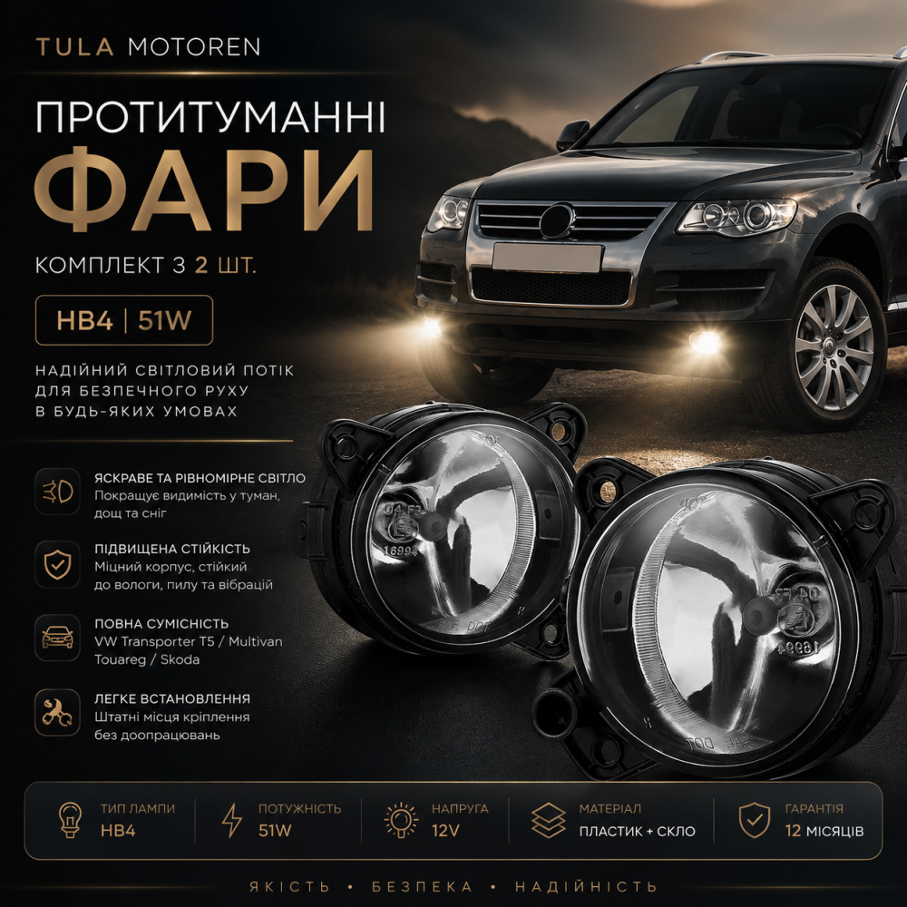 Комплект протитуманних фар Tula Motoren для VW Transporter T5/Multivan/Touareg/Skoda HB4 51W пара Київ - фото 1
