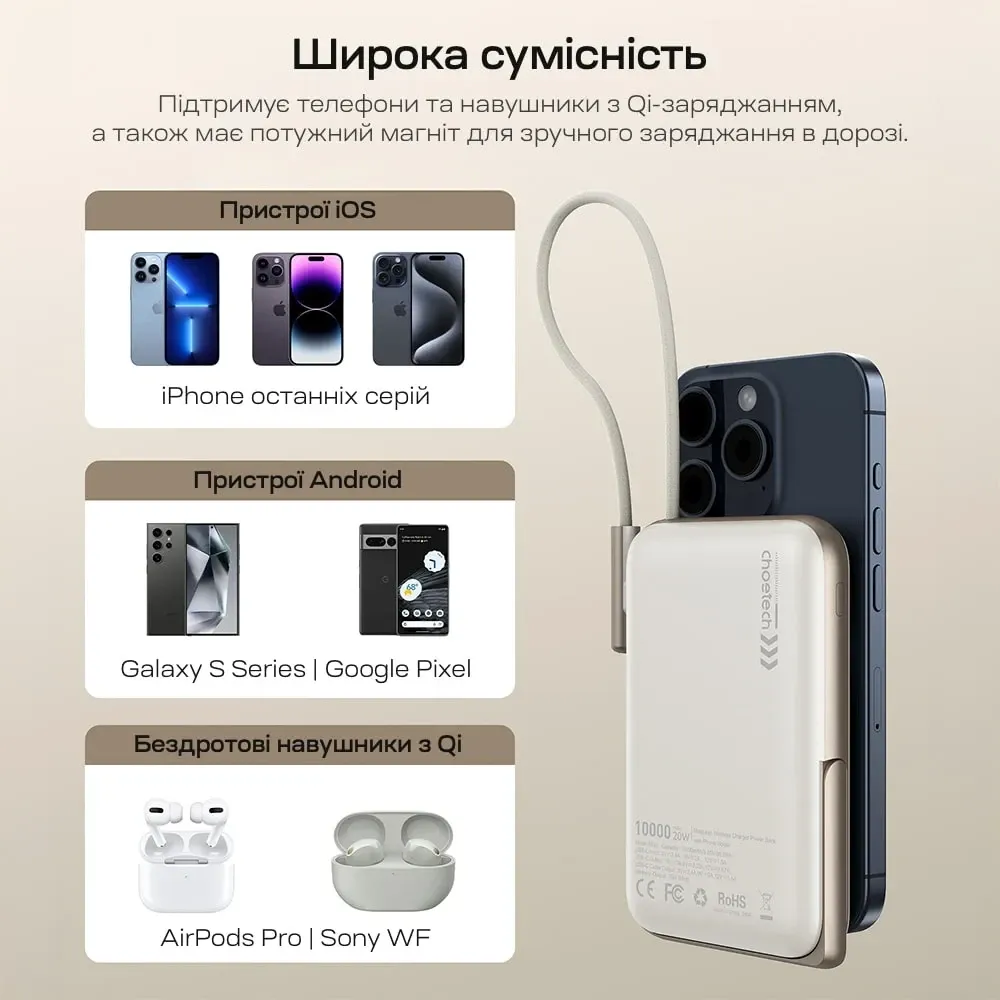 Повербанк 10000mAh Choetech B735 White QC3.0 PD3.0 бездротова магнітна зарядка, вбудований кабель, підставка (43-00150) Київ - фото 14