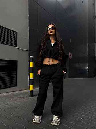 Утепленный женский костюм двойка в спортивном стиле трехнитка на флисе Черный, 46/48 Одесса