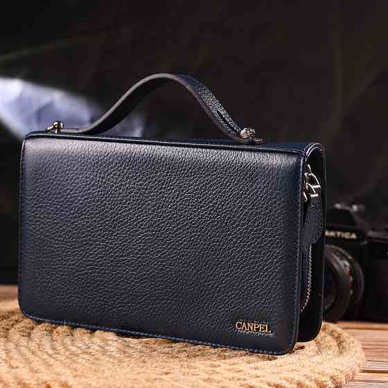 Отличная мужская барсетка на два отделения из натуральной зернистой кожи CANPELLINI 21568 Синяя Киев