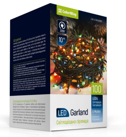 Світлодіодна гірлянда 100 Led 10м 8 режимів різнокольорова 220V CW-G-100L10VMC ColorWay Житомир