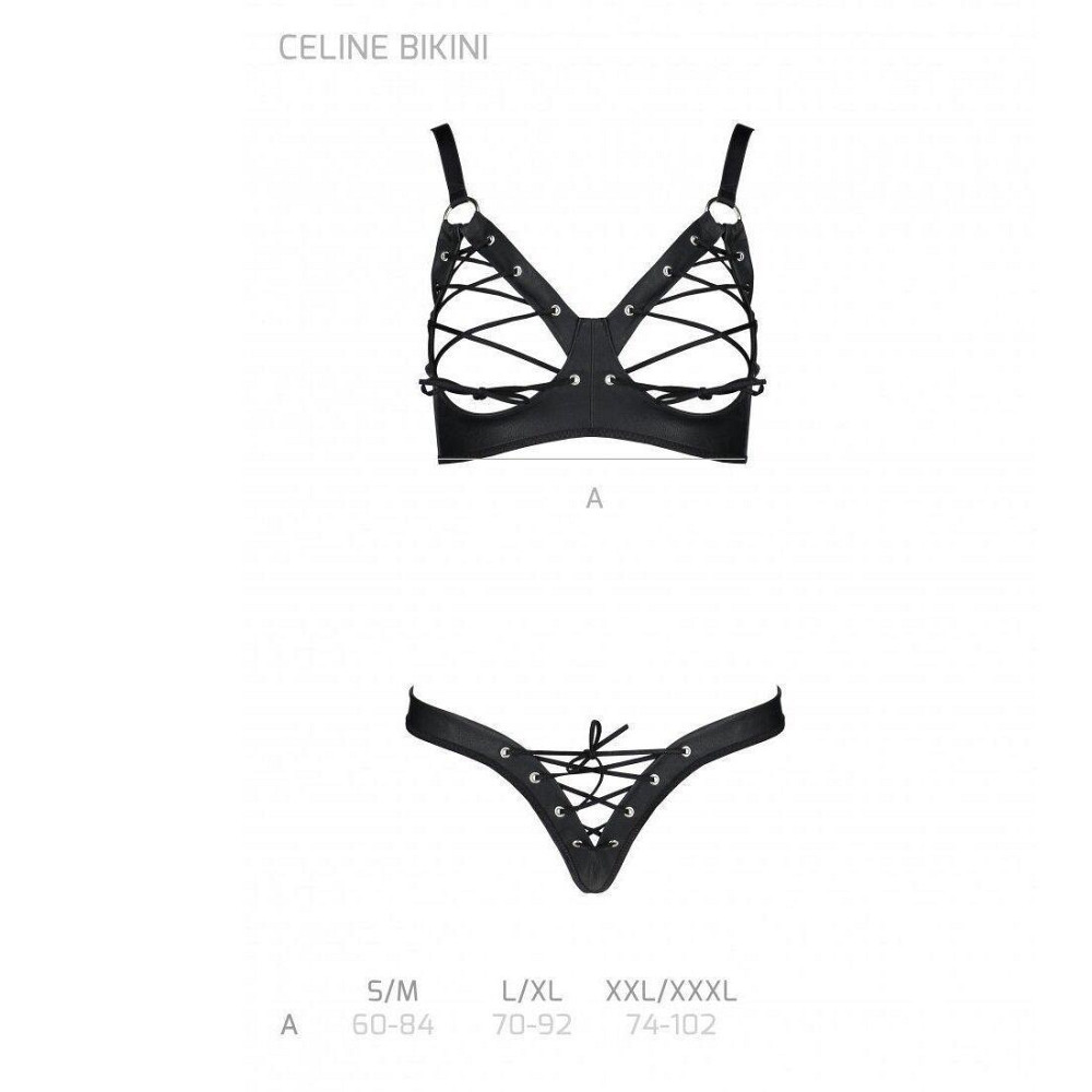 Комплект Passion CELINE BIKINI 2XL/3XL black відкритий бра з стрічками стрінги з шнурівкою, екошкіра Sex Aura Київ - фото 5