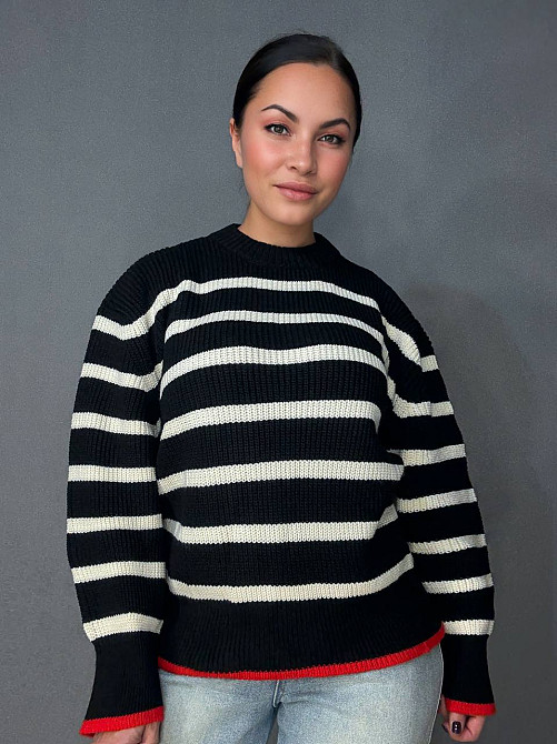 Светр жіночий MIX RAY 6635 смужка оверсайз подовжений вільний крій, чорний, one size Київ - фото 17