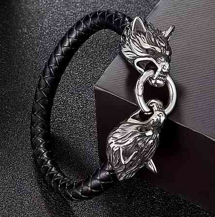 Мужской браслет с волками черный, плетеный браслет из искусственной кожи, массивный аксессуар Киев