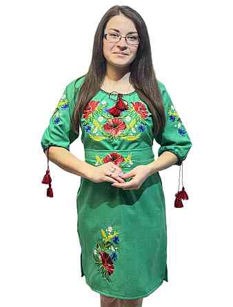 Жіноче вишите плаття з поясом з чарівними маками в зеленому кольорі 58 Київ