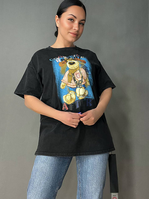 Футболка жіноча YIGOU 74 тай дай оверсайз з принтом собака, чорний, one size Київ - фото 15