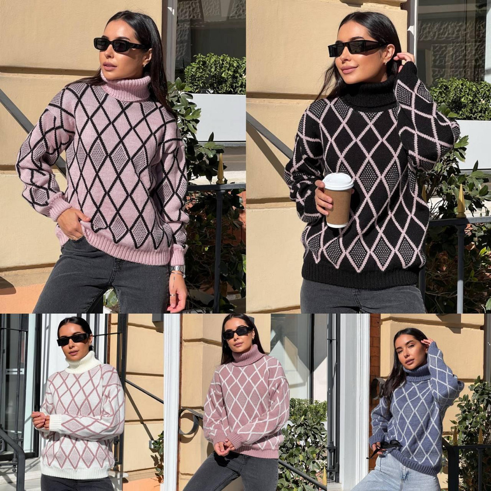 Жіночий модний триколірний светр орнамент із високогірловиною. 42-56р Київ - фото 4