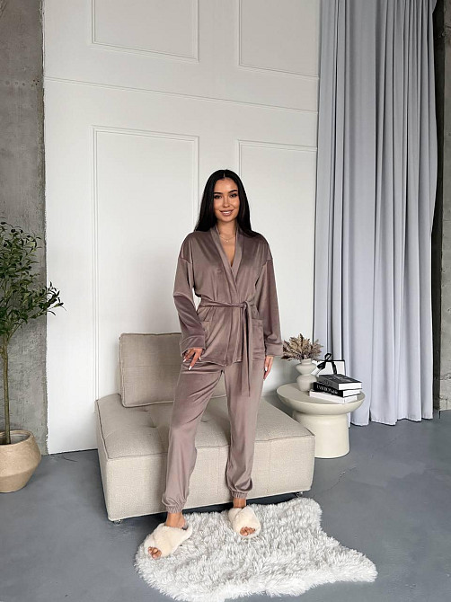 Женский стильный домашний велюровый комплект тройка Капучино Одесса - изображение 1