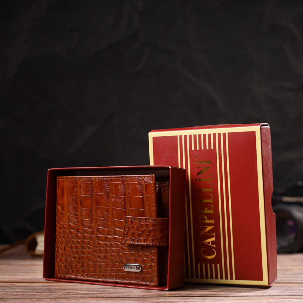 Незвичайний горизонтальний гаманець для чоловіків з натуральної шкіри з тисненням під крокодила CANPELLINI 21893 Рудий Київ - фото 10