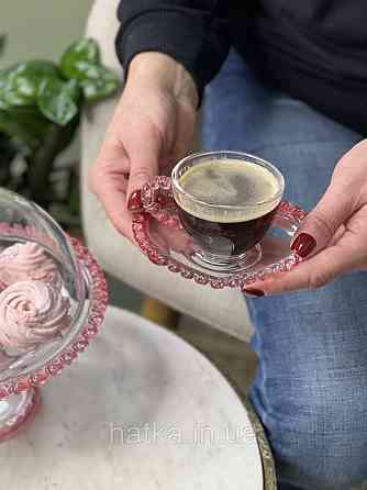 Чашка з блюдцем "Рожеве серце" для кави 100 мл, прозора з рожевим обідком у вигляді серця Київ