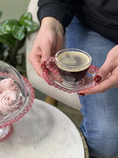Чашка з блюдцем "Рожеве серце" для кави 100 мл, прозора з рожевим обідком у вигляді серця Київ - фото 2