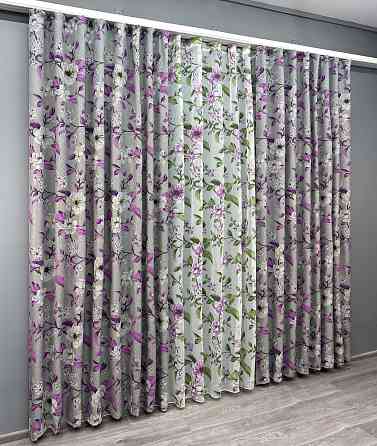 Комплект штор VR-Textil Лен Прованс 150х265 2шт и Тюль 600х265 1820ш-1802т Серый с фиолетовым и белым 71-109/5 Киев