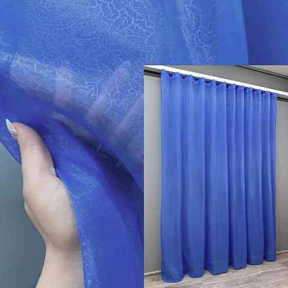 Тюль органза з принтом "Листя" колір синій 005т Київ