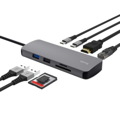 Концентратор Trust USB-C 8-in1 1xUSB-А 3.2/USB-A 2.0/2xUSB-С/HDMI/Ehernet/SD/microSD aluminium 0.15m grey (25672_TRUST) Винница - изображение 1