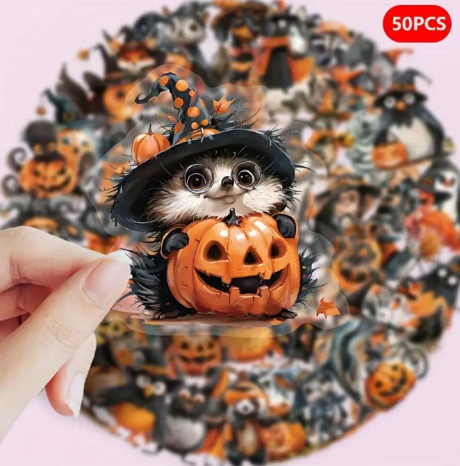 Наклейки на Хелловін 50 шт | Вінілові стікери “Тварини та відьмочка” водостійкі Київ - фото 5