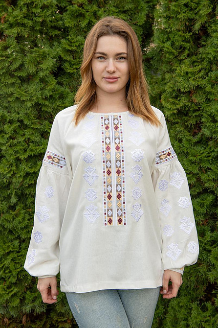 Вишиванка жіноча з довгим рукавом лляна, молочна я топ 52/54 Київ - фото 1