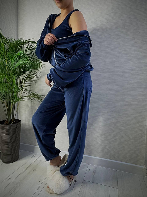 Жіночий стильний повсякденний плюшевий костюм-трійка Синій, 42/44 Одеса - фото 1