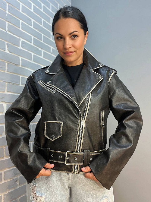 Куртка жіноча Aftf Basic 2456 косуха блискавки пояс варені шви екошкіра чорна, чорний, S Київ - фото 5