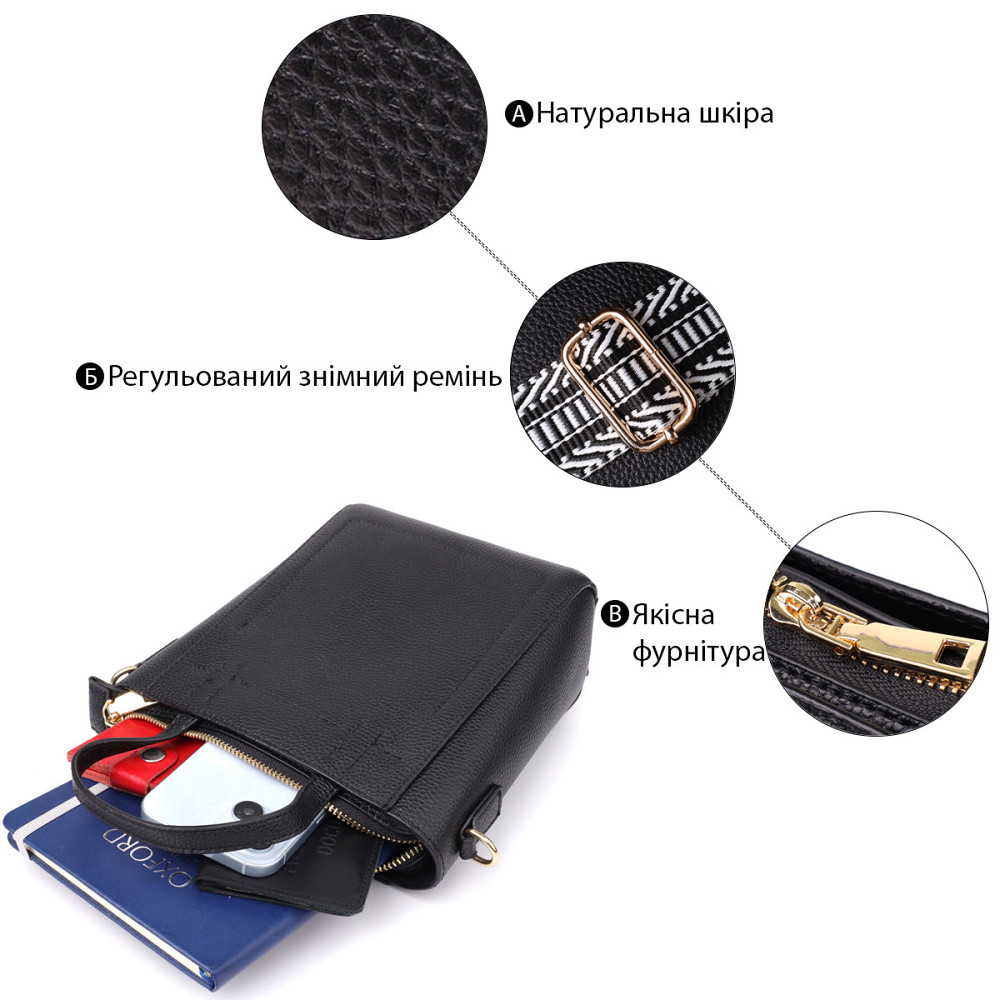 Трапециевидная сумка для женщин из натуральной кожи Vintage 22916 Черный Киев - изображение 4